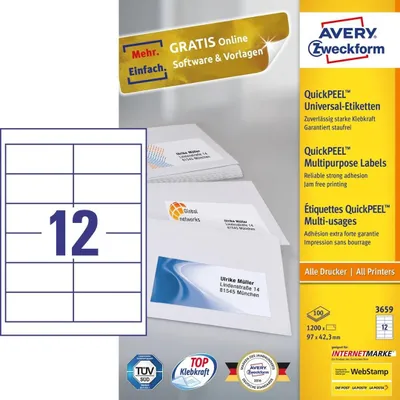 Zdjęcie produktu dla Avery 3659 etykieta samoprzylepna prostokątna trwała biała 1200 szt