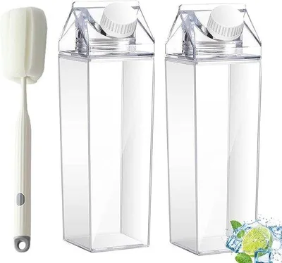 Imagen del producto de 2 recipientes de plástico para leche, de 1000 ml, gran capacidad, botellas de agua transparentes, reutilizables, recipiente para zumos con cepillo, aptos para refrigerador y para acampar.