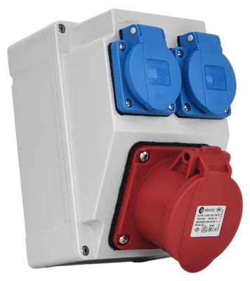 Obrázek produktu pro Prázdná skříň rozvaděče bez kabeláže se zásuvkami 16 A, 400 V, 2× 230 V, Schuko, VDE – prázdný elektrický rozvaděč TpE 0486