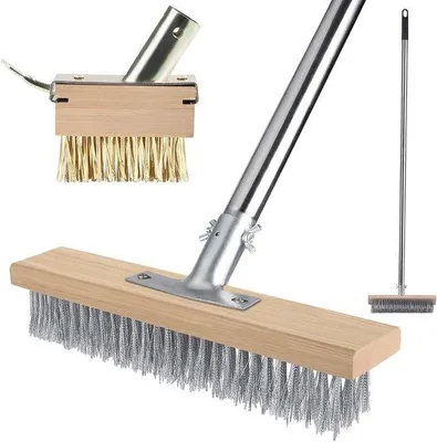 Image de Balayette en acier inoxydable ultra-résistante, manche de 160 cm, brosses 2 en 1 pour éliminer la mousse, brosse d'extérieur pour terrasses