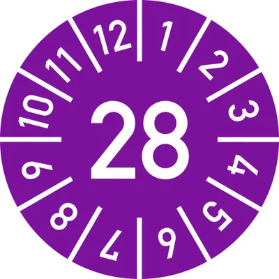 Produktbild von Dreifke® Prüfplakette Jahr 28 mit Monaten, violett, Dokumentenfolie, Ø 10 mm,...