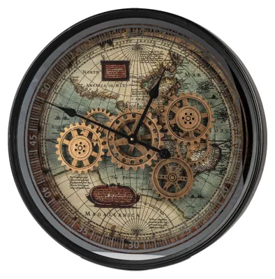 Produktbild von Formano XXL Wanduhr Weltkarte 58cm Metall Uhr mit beweglichen Zahnrädern Modern