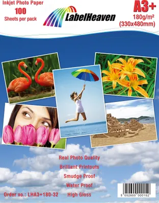 Produktbild von 100 Stück Fotopapiere A3plus (330x480mm) 180g/m², LHA3+180-32-100 von LabelHeaven.