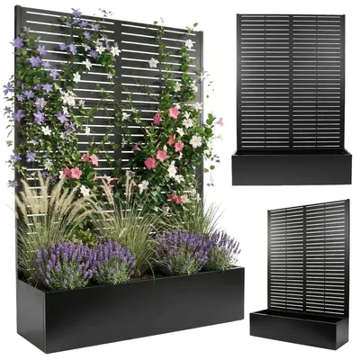 Produktbild von Blumenkasten mit Rankgitter, Spalier mit Pflanzkästen und Drainagelöchern, Gartenspalier aus Metall, groß, schwarz,