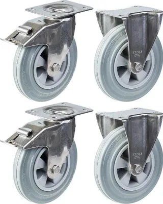Zdjęcie produktu dla 200 mm 8" kółka ze stali nierdzewnej, szara guma, hamulec i stałe, 820 kg, zestaw 4 szt