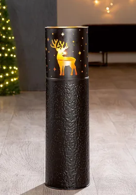 Image de Gilde Windlicht, zylindrisch, "Winterhirsch", Hirschmotiv, Sternmuster, Metall, schwarz, goldfarben, VE 2, H. 60 cm, D. 17 cm 60557 4063387605578