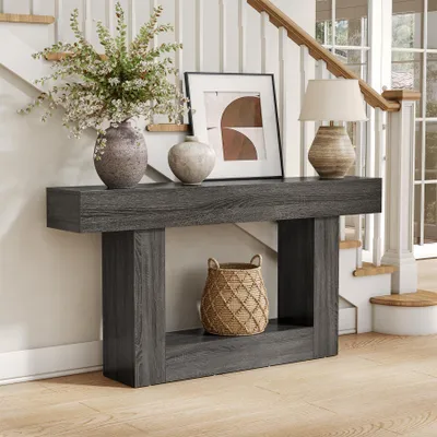 Image de Table console Wanbor de 160 cm de long, table d'entrée à 2 niveaux, table d'appoint pour canapé avec rangement, table en bois de style rustique à placer derrière le canapé, idéale pour le salon ou l'entrée
