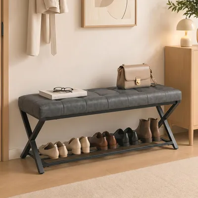 Produktbild von Schuhbank Stahl-Gestell, Eingangsbank Kunstlederpolster, Flurbank Sitzbank, Dunkelgrau | 112 x 37 x 47 cm | bis 220 kg | Kohlenstoffstahl