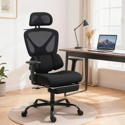 Produktbild von Bürostuhl ergonomisch Netzstoff, Schreibtischstuhl mit Lendenstütze, Kopfstütze, Armlehnen, Schwarz | 75 x 73 x 128 cm | 17,5 kg | höhenverstellbar
