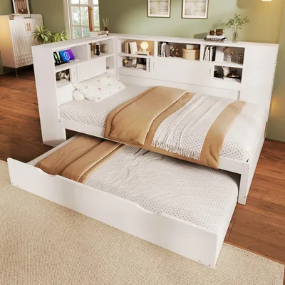Produktbild von MODFU Schlafsofa Tagesbett 90x200cm mit Ausziehbett 90x190cm, Plattformbett Holzbett Daybett Kinderbett Jugendbett mit Staufach mit USB, Weiß(Ohne Matratze)