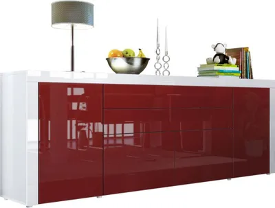 Produktbild von Vladon Sideboard La Paz V2,  Germany, Kommode mit 2 Türen, 2 Schubkästen und 2 Klappen, Weiß Hochglanz/Bordeaux Hochglanz/Weiß Hochglanz (200 x 72 x 35 cm)