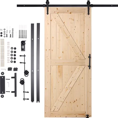 Produktbild von SucceBuy Scheunentor-Set 36" x 84", Holzschiebetür, 8-in-1-Bodenführung und -Griff, Fichtenholzplatte, sanfter und leiser Betrieb, einfach zu installieren, geeignet für Zuhause und Büro