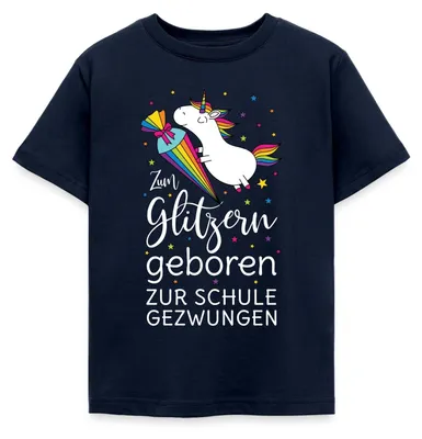 Produktbild von Spreadshirt Schulkind Einhorn Glitzern Zur Schule Gezwungen Kinder T-Shirt, 98/104 (3-4 Jahre), Navy
