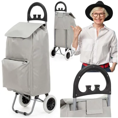 Productafbeelding van Boodschappentrolley - Boodschappenkrat - Met Twee Wielen - Grijs - Zwart - 46 L - 30 KG - 95 x 35 CM