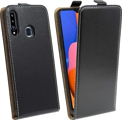 A black flip case for a smartphone is shown from two angles.