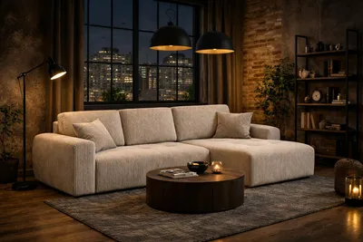 Image de Canapé d'angle   avec fonction couchage et coffre de rangement, forme en L, Ivo L, tissu velours Poso, beige foncé, ? droite