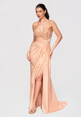 Produktbild von LARICA Abendkleid Schlitz Langarm Maxi Elegant LA-OM-DLR132 beige XL