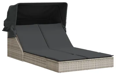 Produktbild von vidaXL Doppel-Sonnenliege mit Dach und Auflagen Hellgrau Poly Rattan