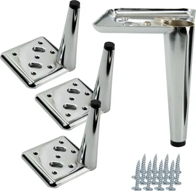 Zdjęcie produktu dla Zestaw nóg meblowych 4 sztuki - Eleganckie chromowane nogi z kolcami o wysokości 13 cm do sof i komód, metalowe z podstawą odporną na zarysowania