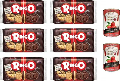 Produktbild von 6x Pavesi Kekse Ringo Kuchen mit Kakao 330g 6 a snack pack cookies riegel + Italian Gourmet 100% italienische geschälte Tomaten dosen 2x 400g