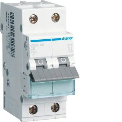 Produktbild von HAGER MCB Leitungsschutzschalter 6kA 1P+N C 6A MCN506E