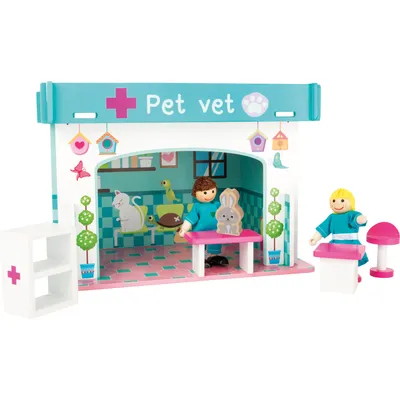 Produktbild von small foot 10854 Spielhaus Tierklinik aus Holz, mit 2 Puppenfiguren