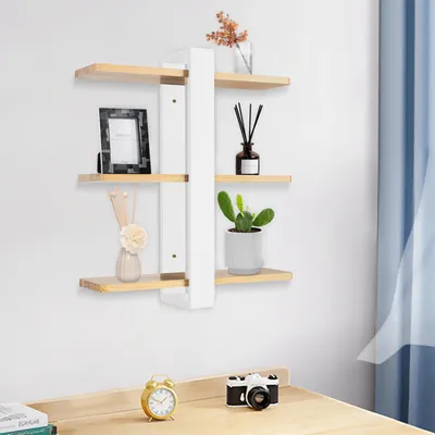 Produktbild von Wandregal - Schwebendes Holzregal - 3 Ebenen - 50 x 58 cm - Dekoratives Regal für Wohnzimmer und Büro - Weiß
