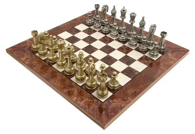Produktbild von Schachspiel aus Metall, 42 cm – Zierfiguren, Spielbrett aus Ulmenholz