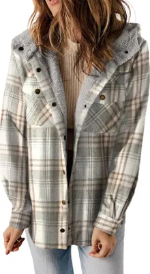Image de ASKSA Femme Veste d'hiver à carreaux Oversize Manches Longues Hiver Chaud Doublé avec Boutons Capuche Vestes Casual (Gris Clair,2XL)