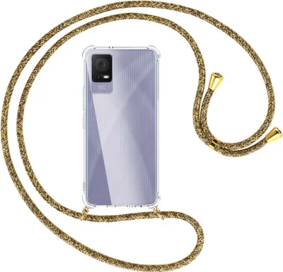 Produktbild von Handykette Backcover-Schutzhülle mit Band (Metall goldfarben) für TCL 405 (T506D, 6.6'') - braun+beige