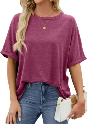 Produktbild von ASKSA Damen T-Shirt Sommer Kurzarm Oversized Rundhals Shirts Tops Casual Basic Tee Oberteile, Weinrot, Groesse: XXL