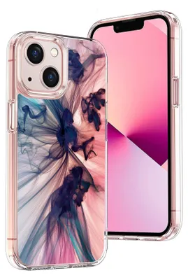 A phone case with a colorful abstract design is shown next to an iPhone.