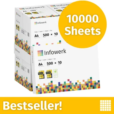 Immagine prodotto di NUOVO: Infowerk Carta per stampanti e fotocopie 10000 fogli 20 x 500 A4 Premium Bianco brillante CIE 160 Vincitrice del test Certificata PEFC
