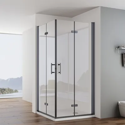 Produktbild von IMPTS Duschkabine Eckeinstieg 90x90cm Mattschwarz Dusche 180º Falttür Duschabtrennung Duschwand 6mm ESG Glas Eckdushe Höhe 195cm,OHNE Duschtasse