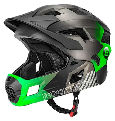 Produktbild von Rockbros Kinderfahrradhelm 2 in 1 mit abnehmbarem Kinnschutz 12 Lüftungen M Grün