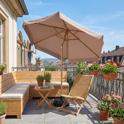 Produktbild von Sekey Balkonschirm 200 cm Ø Holzoptik, Knickbar, Stabiler Gartenschirm, UV-Schutz 50+, Sonnenschirm für Terrasse und Hof, Taupe