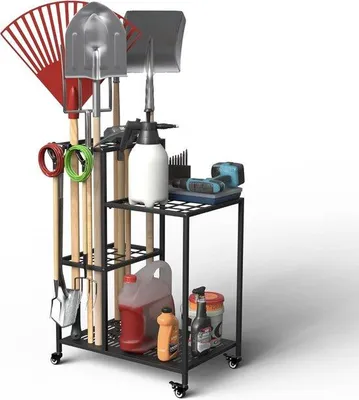 Produktbild von Gartenwerkzeug Organizer mit Rädern – Werkzeugbox für 40 Werkzeuge – Metallene Werkzeugtrage für Garage und Werkstatt – Multifunktional