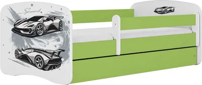 Produktbild von Kinderbett Grün 70x140 80x160 80x180 cm – mit Matratze, Rausfallschutz und Schublade – Jugendbett für Mädchen und Jungen – Stabil und Sicher – Auto – 160x80 cm