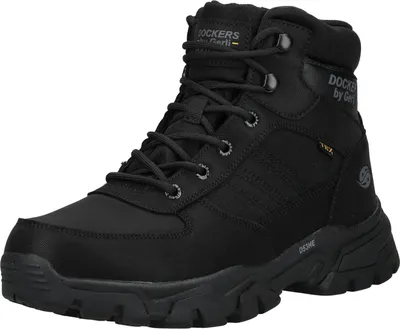 A black Dockers men's lace-up boot is shown from a three-quarter front angle against a white background.