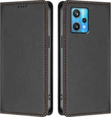 Image de Étui en cuir pour Realme 9 4G/Realme 9 Pro+ 5G, étui à rabat magnétique en cuirPolyuréthaneavec support, noir