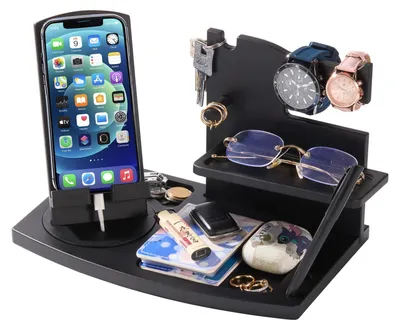 Hölzernes Telefon-Dockingstation, Organizer, 25,5x16x19 cm, Schwarz