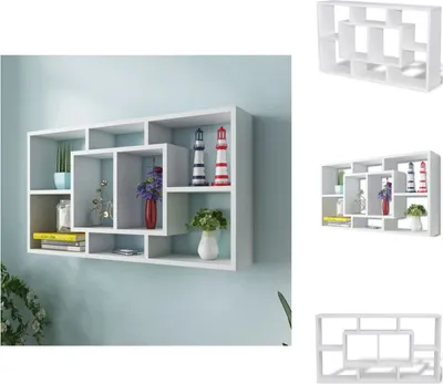 A white wall shelf with multiple compartments is mounted on a light blue wall.