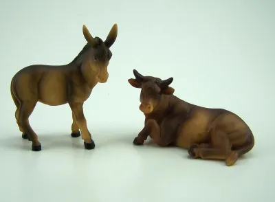 Produktbild von Ochse und Esel, Krippentiere aus Polyresin, bemalt, zu 9 cm Krippenfiguren