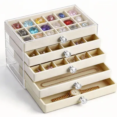 Schmuckbox mit 5 Schubladen, Acryl, beige, 23,5x13,5x17 cm