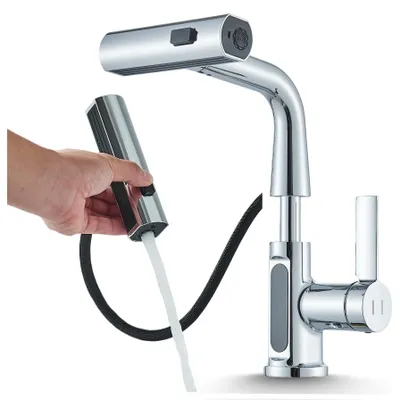 Produktbild von Ari Atomic Waschtischarmatur Chrom Mit Ausziehbrause, Temperaturanzeige, 3 Strahlarten, 360° Drehbar Und Höhenverstellbar