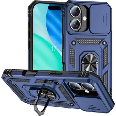 Image de Coque pour iPhone 17, Protection Antichoc avec Anneau Arrière Rigide Bordure Renforcée - Bleu Marine