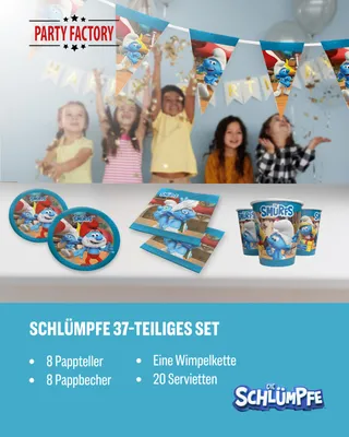 Produktbild von Die Schlümpfe 37-tlg. Party Set – Deko mit Tellern Bechern Servietten