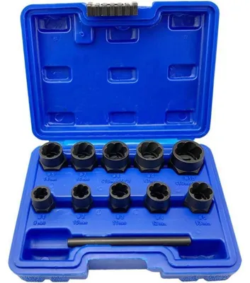Obrázek produktu pro Sada extraktorů pro vyjíždění zaseklých šroubů, 10 kusů, rozměry 9-19 mm, chrom-vanadiová ocel, hliníkové pouzdro