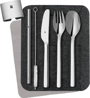 Produktbild von WMF my2Go Besteck Set 8-teilig, Outdoor Reisebesteck Set 1 Person, Campingbesteck mit Etui, Wanderbesteck umweltfreundlich, Strohhalm, Reinigungsbürste, Geschenk