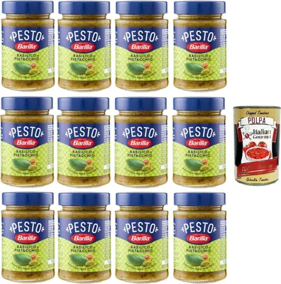 Produktbild von Barilla Pesto Basilico e Pistacchio Condimento e Sugo per Pasta Basilikum-Pistazien-Pesto-Gewürz und Pastasauce 12x190 g+ Italian Gourmet polpa 400g